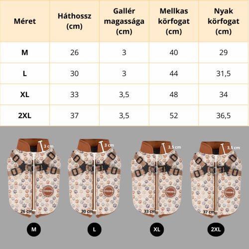 Bélelt téli kutyakabát hámmal - Barna Mancsmintás - 2XL