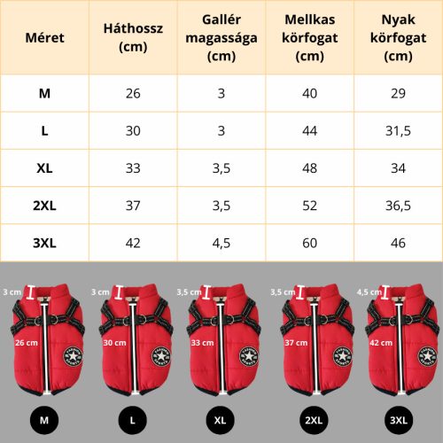 Bélelt téli kutyakabát hámmal - Piros, M